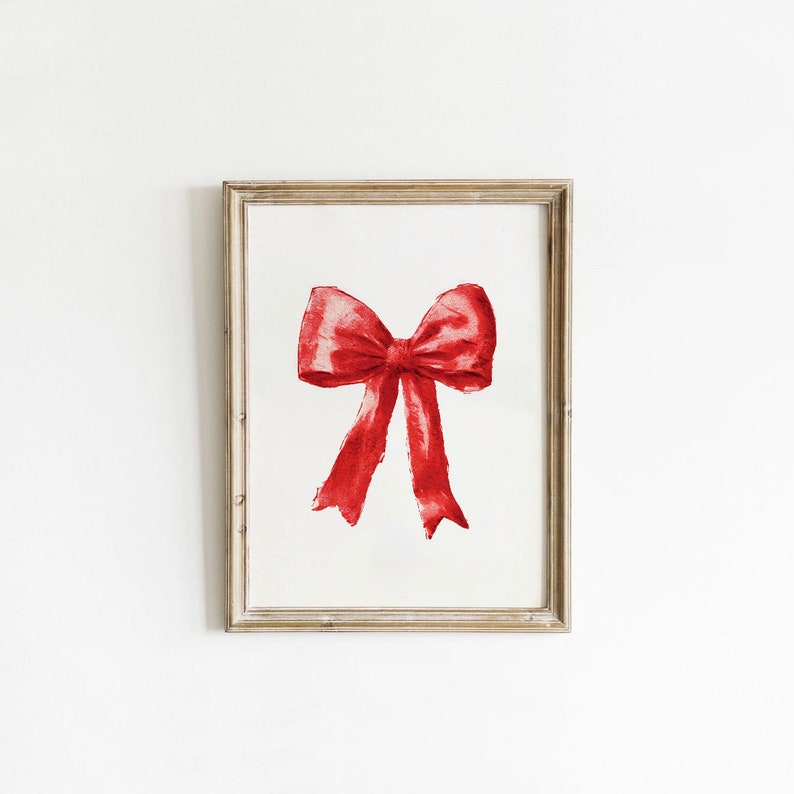 Vintage Red Christmas Bow Wall Art, Winter Home Decor, Red Bow Print, Holiday Printable, Christmas Decor, Digital Download image 4