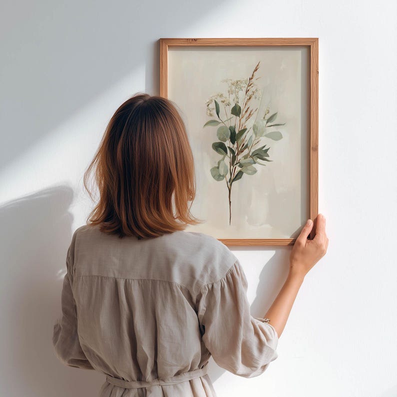 Whimsical botanical digital download for living room — elegant eucalyptus and flowers adding a calming touch to decor.
