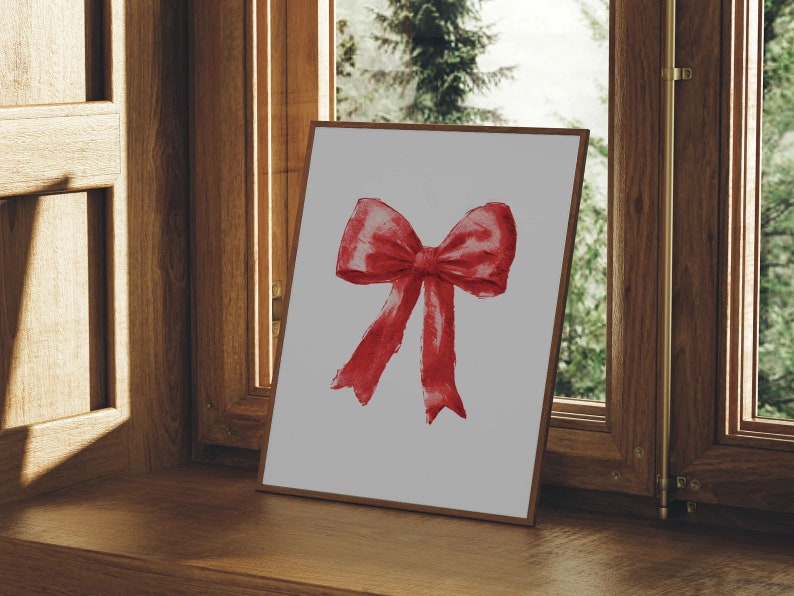 Vintage Red Christmas Bow Wall Art, Winter Home Decor, Red Bow Print, Holiday Printable, Christmas Decor, Digital Download image 7