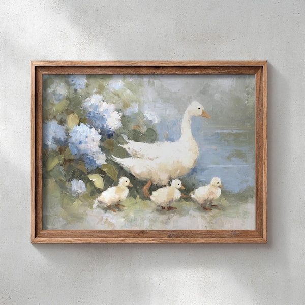 Mother Goose & Goslings Poster Print, Geese Painting, Cozy Country Scene, Soft Farmhouse Decor, Spring Summer Goose Wall Art, P206