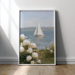 Coastal Cottagecore Sailing Print - Serene Impressionistic Poster Art with Pastel Hues, Muted Blues and Greens, Calming Coastal Decor P88 image 8