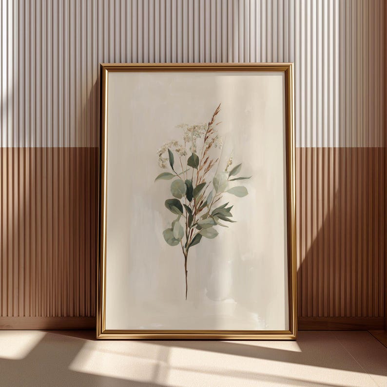 Minimalist eucalyptus poster for bedroom — soothing nature-inspired artwork with muted earth tones and soft textures.