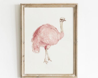 Retro Pink Ostrich Printable, Preppy Vintage Decor, Girly Wall Art, Soft Girl Aesthetic, Animal Portrait, Cute Pink Nursery Print, Download