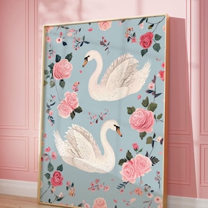 Blue Swan Spring Poster, Girly Aesthetic Wall Art, Coquette Room Decor, White Swan Poster, Preppy Floral Soft Pastel Print