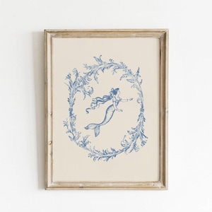 Blaue Meerjungfrau Coquette Poster, Vintage Nautische Galerie Wandkunst, Küstenästhetik, Antike Wanddekoration, neutrale Kunst, Meerjungfrau
