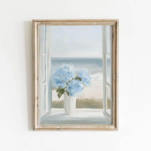 Hydrangeas in White Vase Window Decor, Retro Printable Wall Art, Pastel Coastal Cottagecore Spring Summer Color, Digital Download 0304