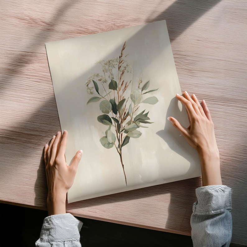 Eucalyptus wall decor printable art for office — tranquil watercolor featuring soft leaves and graceful grasses for an earthy feel.