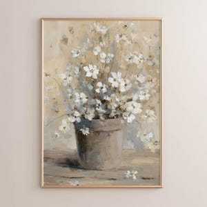 Printed White Wildflowers Rustic Pot, Cream Taupe Muted Blue-Gray, Vintage Cottage Floral Art, Oil Painting Style, Neutral Wall Decor 0615