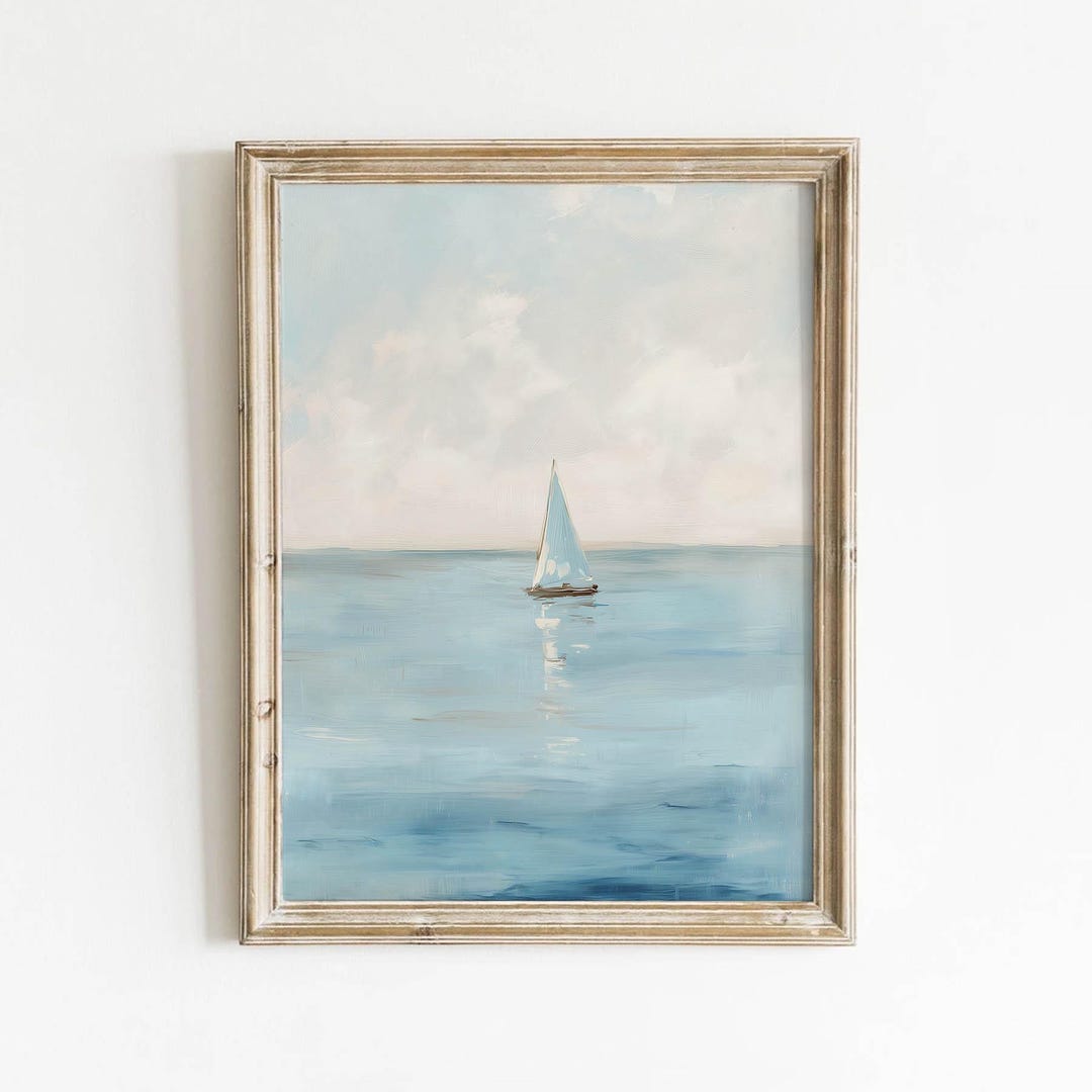 Lone Sailboat on Calm Sea Printable - Soft Coastal Seascape in Muted ...