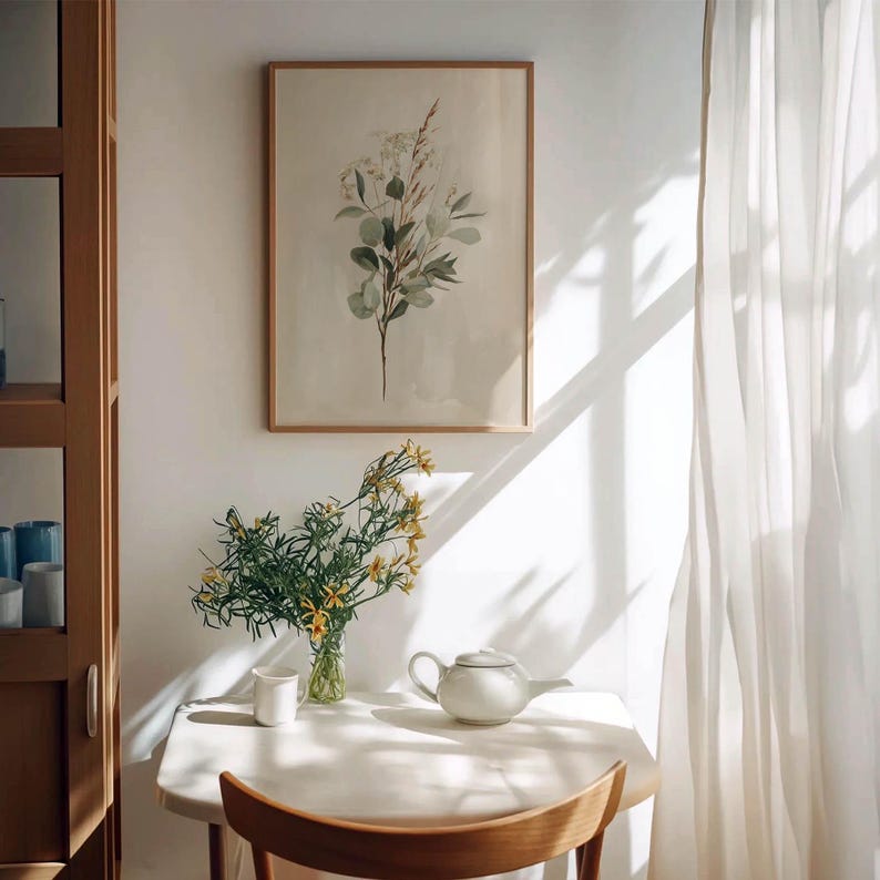 Delicate greenery wall art for hallway — serene watercolor illustration of eucalyptus and wispy filler flowers.
