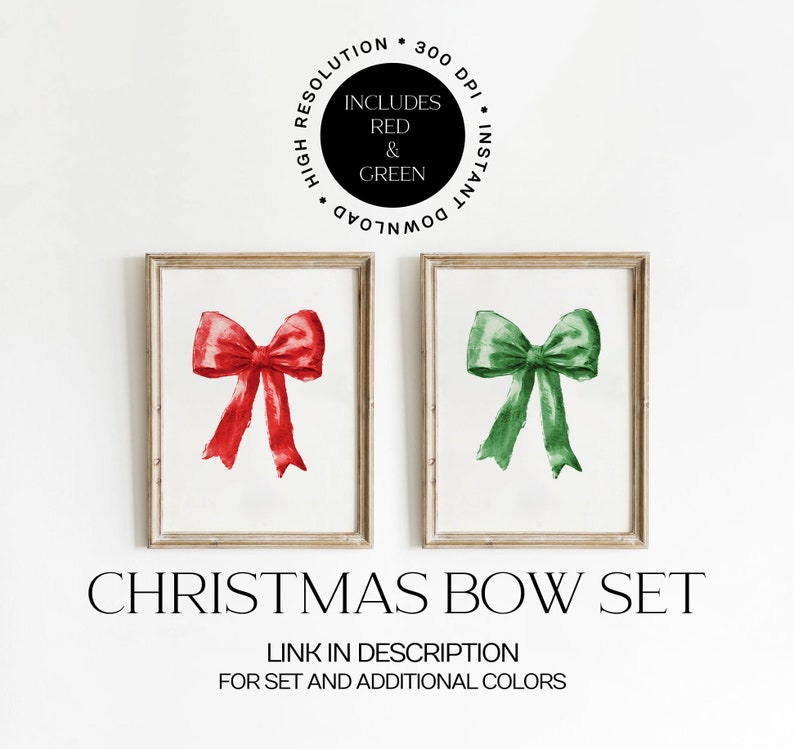 Vintage Red Christmas Bow Wall Art, Winter Home Decor, Red Bow Print, Holiday Printable, Christmas Decor, Digital Download image 5