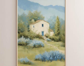 Cottagecore Cream Country Cottage with Blue Door - Cozy Farmhouse Wall Art, Serene Landscape Poster Print, Charming Decor P082