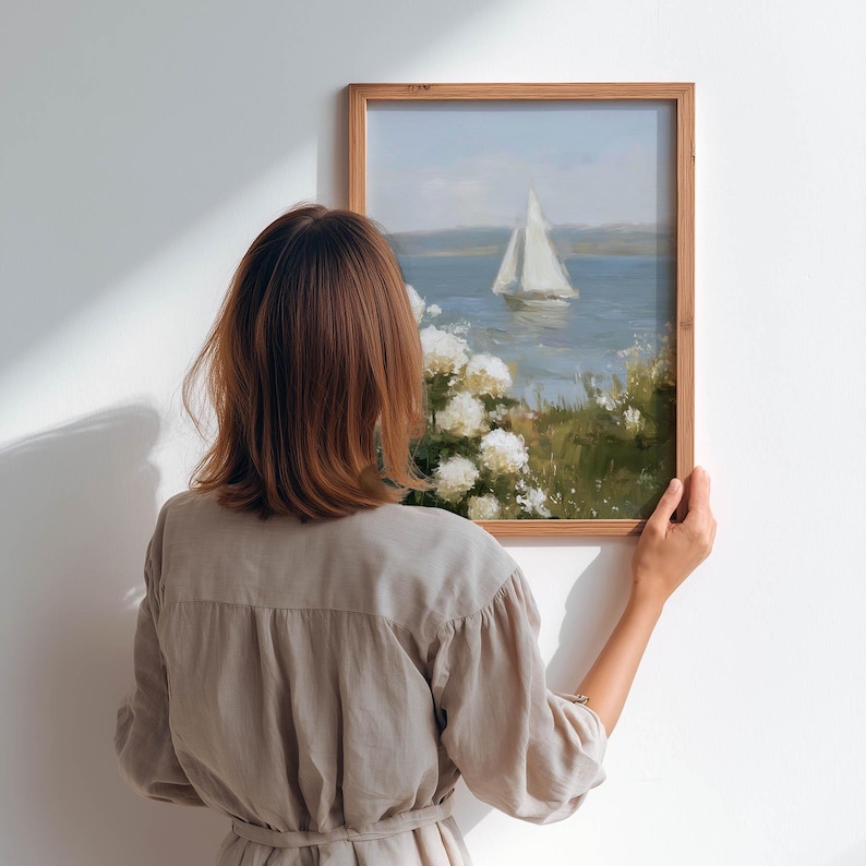 Coastal Cottagecore Sailing Print - Serene Impressionistic Poster Art with Pastel Hues, Muted Blues and Greens, Calming Coastal Decor P88 image 4