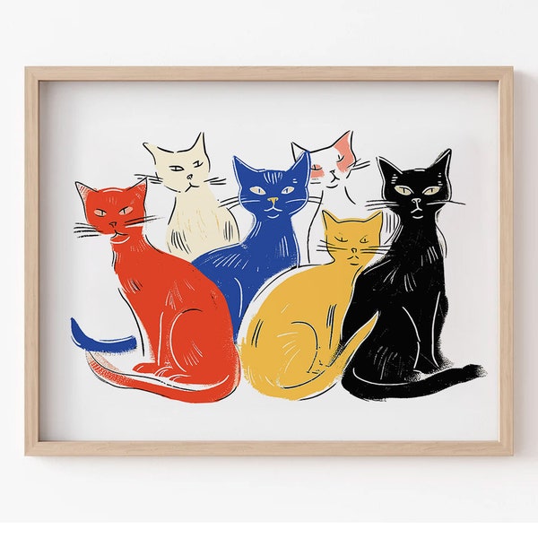 Retro 1960s Cat Printable, Colorful Vintage Illustration, Minimalist Wall Art, Aesthetic Kitty Print, Americana Decor, Red Blue Black Yellow