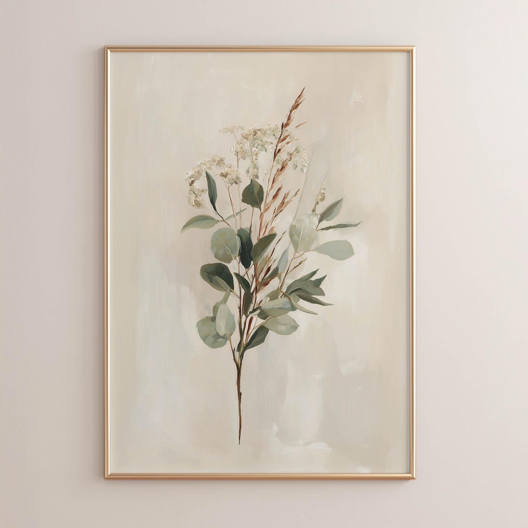 Printed Eucalyptus & Wildflowers Poster, Sage, Olive, Warm Beige, Modern Cottagecore, Mini