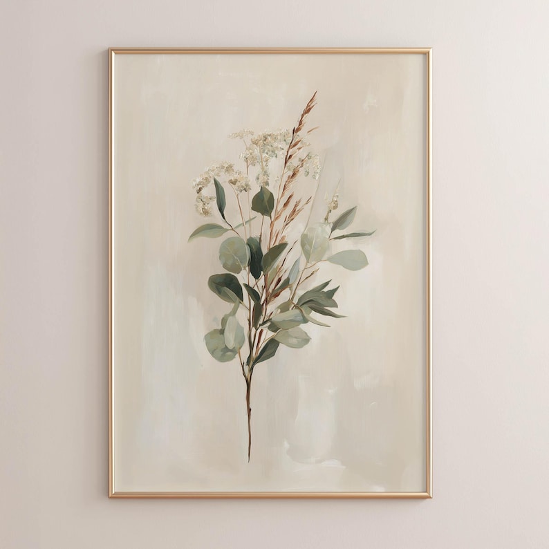 Ethereal eucalyptus poster art for study area — minimalistic watercolor featuring soothing tones and delicate floral accents.