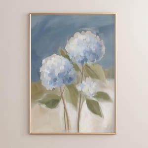 May include: An abstract painting of blue hydrangeas in a gold frame. The flowers are a mix of light and dark blue, with green leaves and stems. The background is a blend of blue, beige, and white.