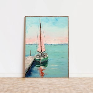 Sailboat Art Print, Printable Boat Painting, Nautucal Wall Art, Lake House Decor, Coastal Living Room, Pastel Style, Digital Download