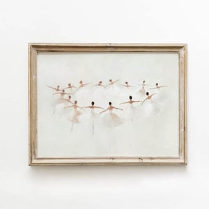 May include: A framed painting of a group of ballerinas in white tutus dancing in a circle. The painting is done in a soft, watercolor style and has a light, airy feel.