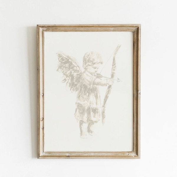 Ivory White Cherub Printable, Cupid Bow & Arrow Print, Angel Wall Art, Vintage Nursery Painting, Preppy Aesthetic Decor Digital Download