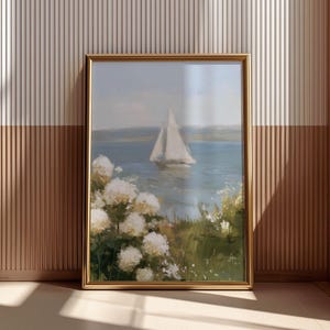 Coastal Cottagecore Sailing Print - Serene Impressionistic Poster Art with Pastel Hues, Muted Blues and Greens, Calming Coastal Decor P88 image 12