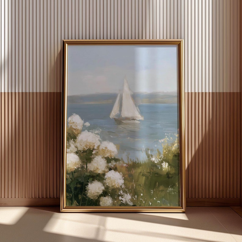 Coastal Cottagecore Sailing Print - Serene Impressionistic Poster Art with Pastel Hues, Muted Blues and Greens, Calming Coastal Decor P88 image 12