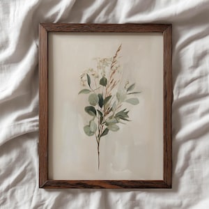 Eucalyptus botanical print wall art for home office — calming watercolor with delicate flowers and earthy tones.