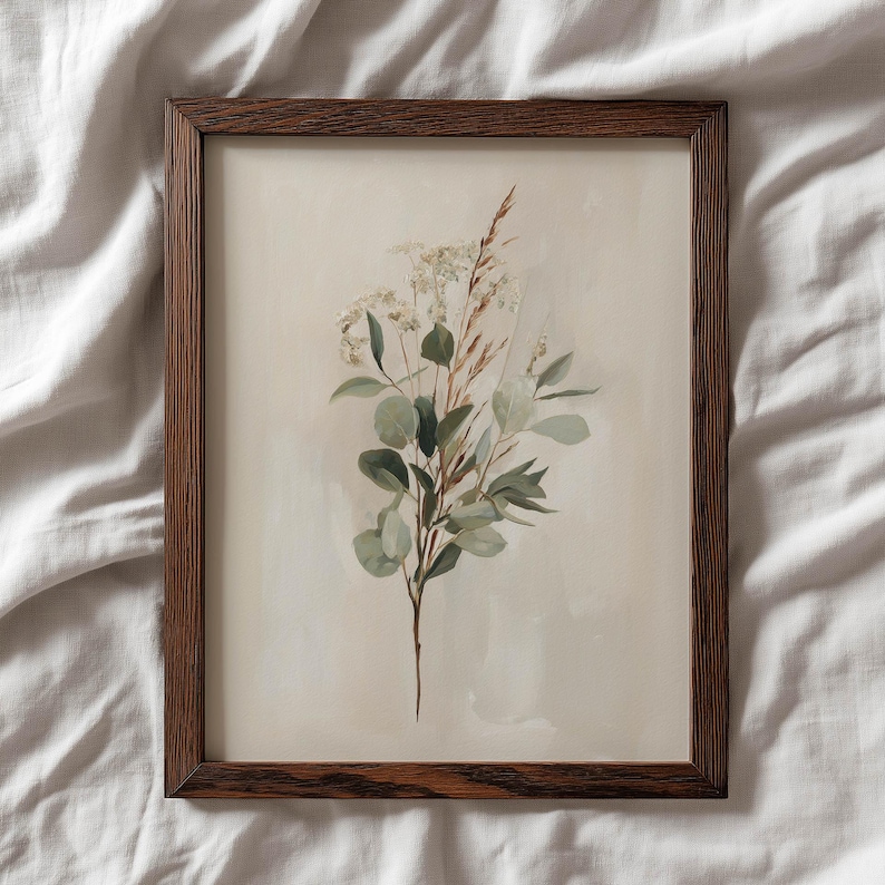 Eucalyptus botanical print wall art for home office — calming watercolor with delicate flowers and earthy tones.