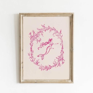 Téléchargement d'art vintage sirène, art mural coquette, impression esthétique côtière, décoration de dortoir rose, art mural rose girly, fuchsia, antique - #0007CV