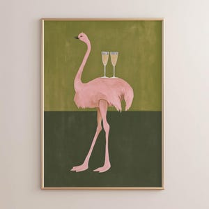 May include: A framed wall art print featuring a pink ostrich standing against a two-tone olive and dark green background. Two clear stemmed glasses filled with a pale yellow liquid are balanced on the back of the pink ostrich.