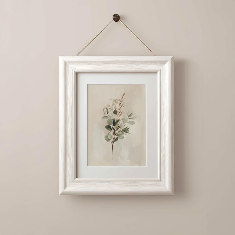 Eucalyptus stems digital print for kitchen — modern farmhouse vibe with subtle pastel hues and delicate grasses.