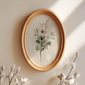 Subtle eucalyptus digital art for gallery wall — modern botanical design with soft colors and airy wisps of grasses.