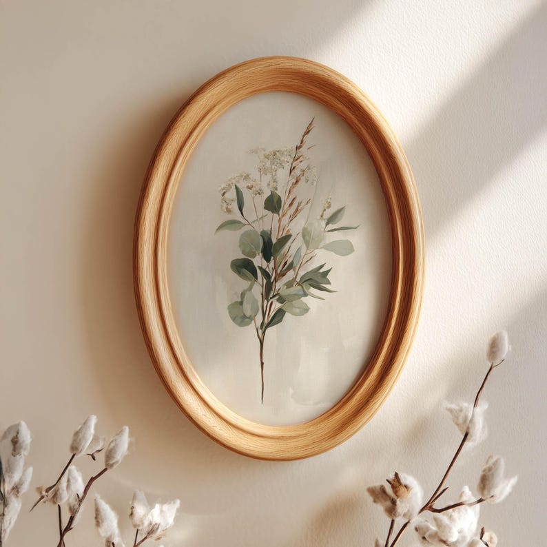 Subtle eucalyptus digital art for gallery wall — modern botanical design with soft colors and airy wisps of grasses.