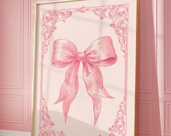 Preppy Pink Coquette Bow Poster, Vintage Girly Wall Art, Hand Drawn Bow Illustration, Aesthetic Dorm Decor, Balletcore Nursery,