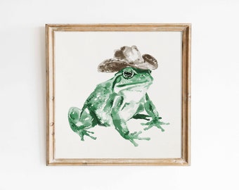 Retro Cowboy Frog Square Printable, Western Wall Art, Original Watercolor Illustration, Southern Minimalist Decor, Green Print Downloadable
