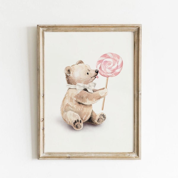 Vintage Teddy Bear Bow Printable, Coquette Nursery Art, Cute Retro Poster, Pink Room Decor, Retro Candy Wall Art, Original Artwork, Download
