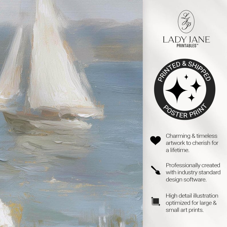 Coastal Cottagecore Sailing Print - Serene Impressionistic Poster Art with Pastel Hues, Muted Blues and Greens, Calming Coastal Decor P88 image 2