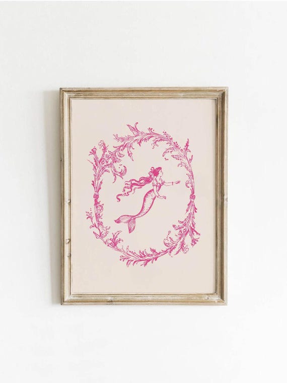 Vintage Mermaid Print, Coquette Wall Art, Coastal Aesthetic Print, Pink Dorm Decor, Girly Pink Wall Art, Hot Pink Poster, Antique