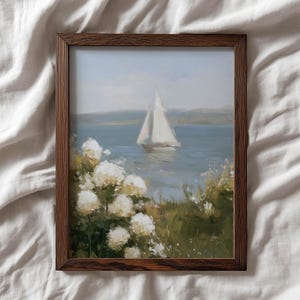 Coastal Cottagecore Sailing Print - Serene Impressionistic Poster Art with Pastel Hues, Muted Blues and Greens, Calming Coastal Decor P88 image 10