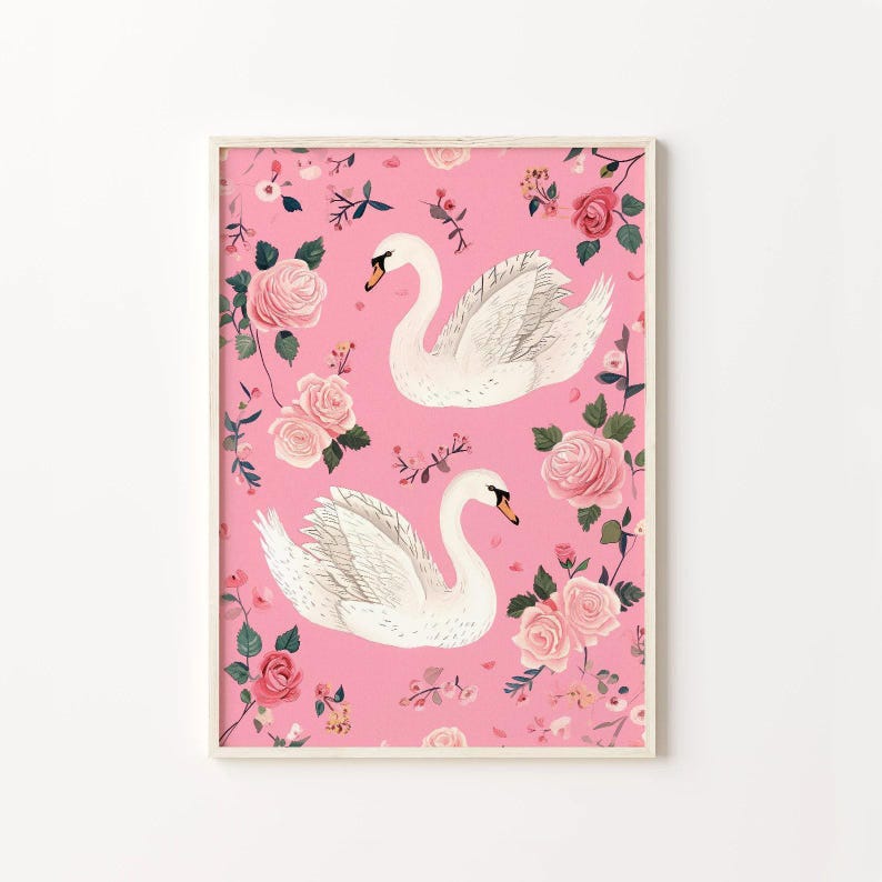 Retro Girly Swan Printable, Light Pink Aesthetic Wall Art, Coquette ...
