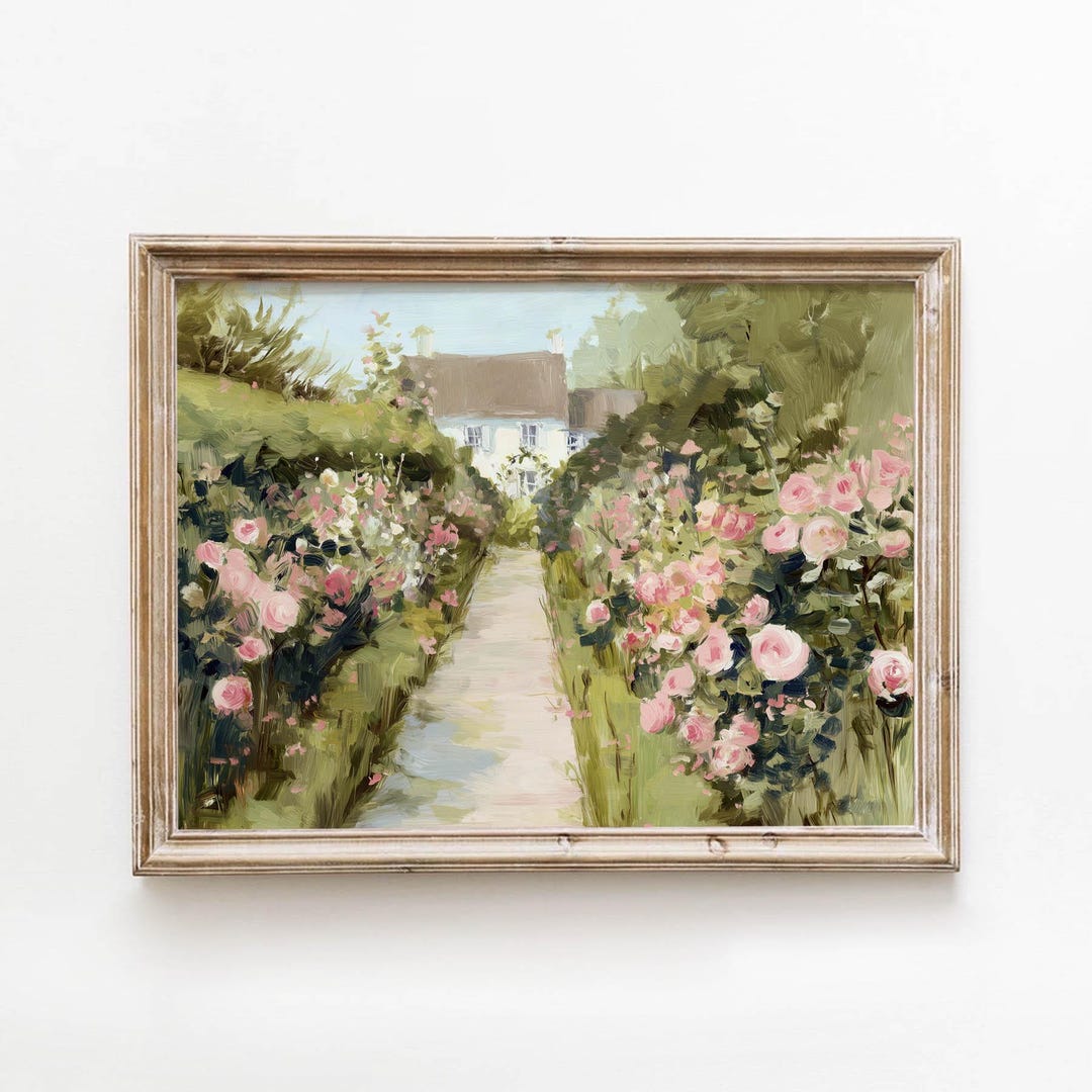 Cottagecore Garden Path Printable, Muted Pink Roses Wall Art, Vintage ...