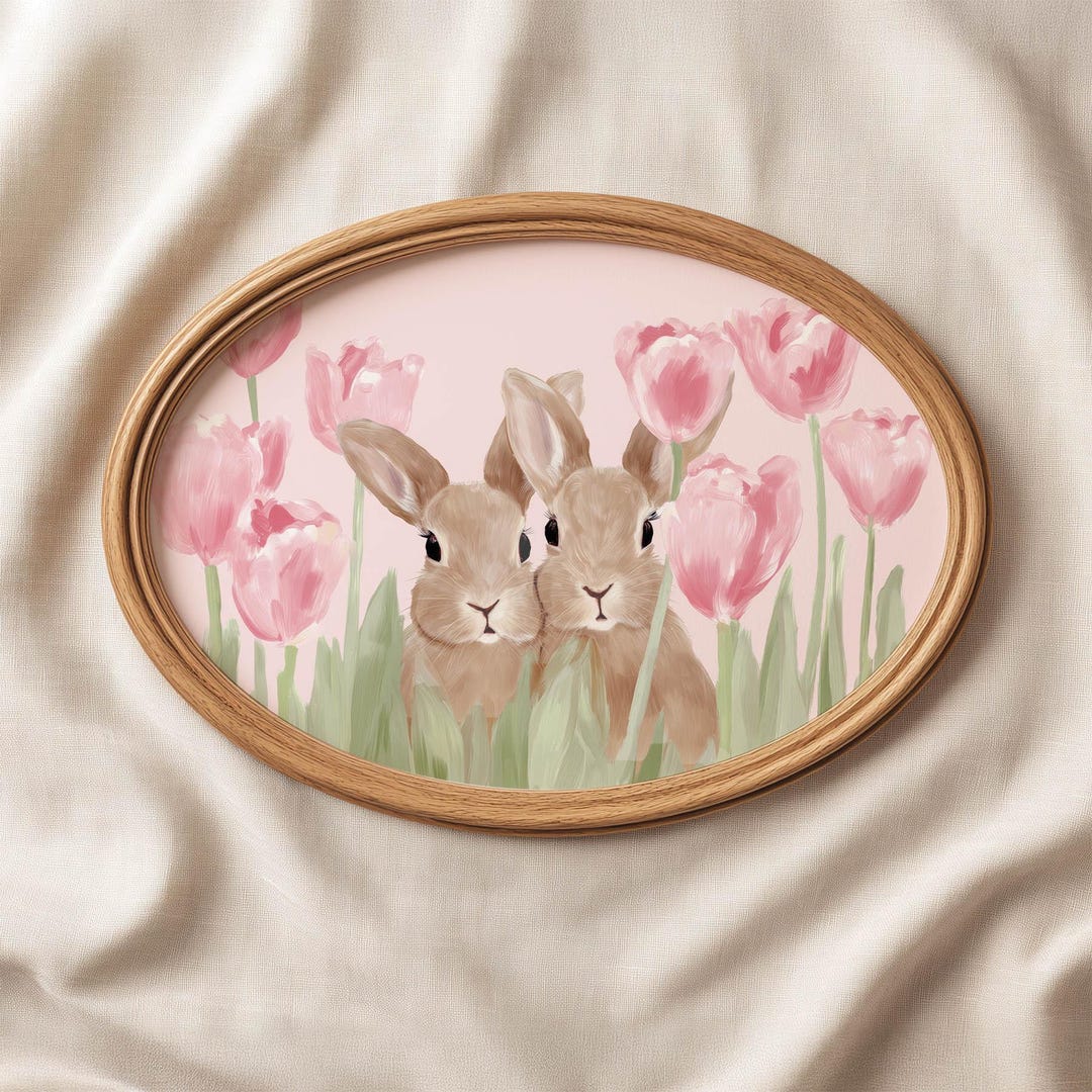 Pink Tulips Bunny Printable, Pink Nursery Wall Art, Cottagecore Rabbit ...