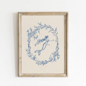 Blaue Meerjungfrau Coquette, Vintage Nautische Galeriewandkunst, Küstenästhetik, Antike Wanddekoration, neutrale Kunst, Meerjungfrau - #0007AV