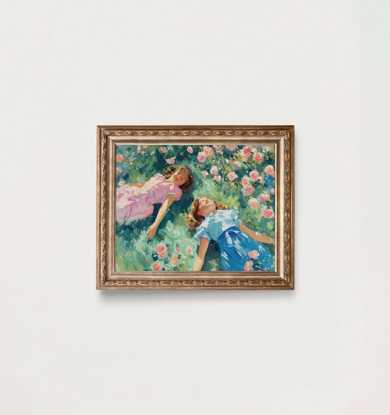 Retro Spring Printable, Girls in Garden Painting. Pink Aesthetic Wall ...