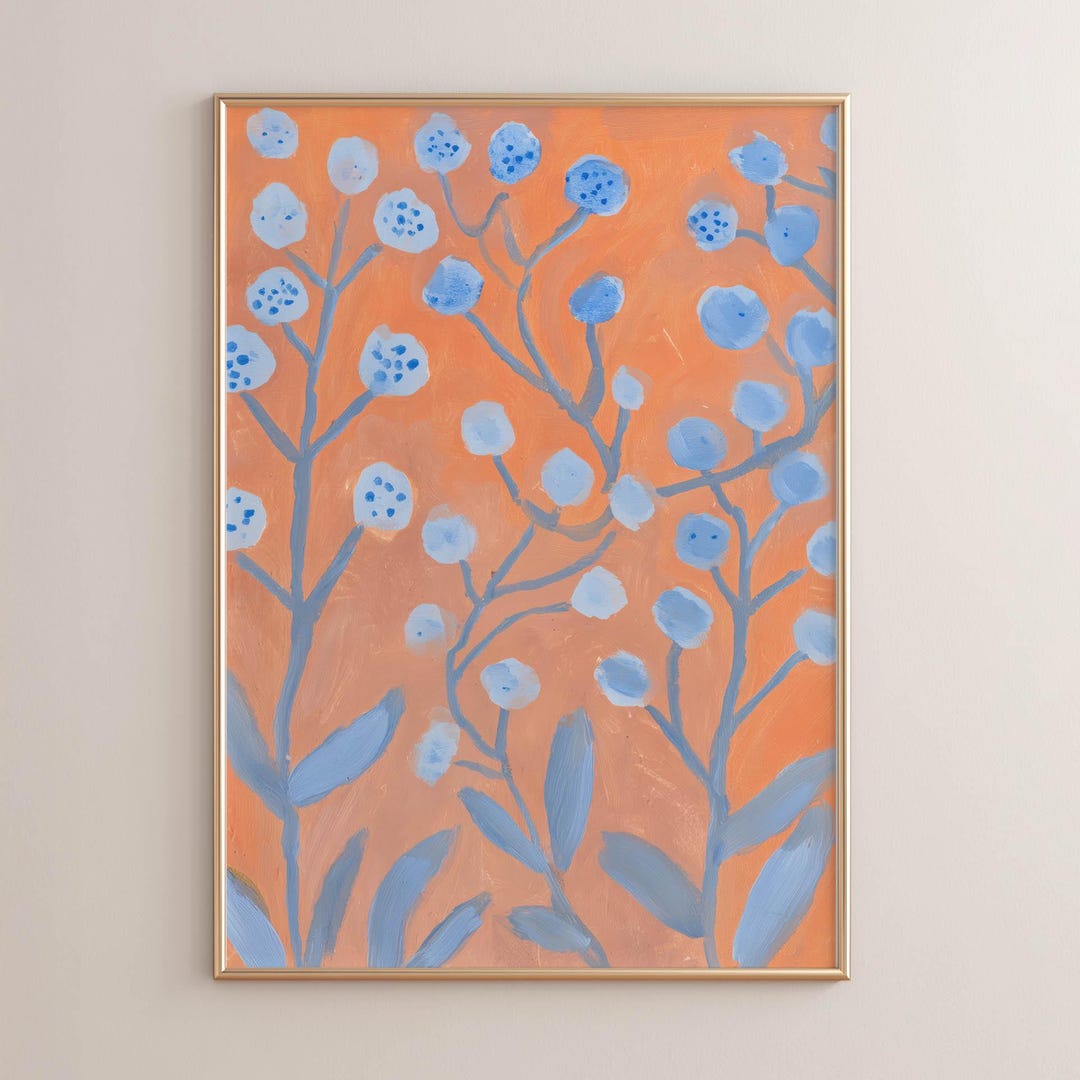 Modern Botanical Poster Print Cool Blue Flowers Cozy Art Colorful Hand ...