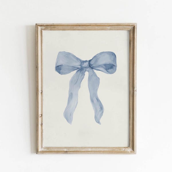 Vintage Pastel Blue Ribbon Bow Printable - Soft Blue Watercolor Minimalist Art, Cottagecore Decor, Airy Nursery Download Painting 141