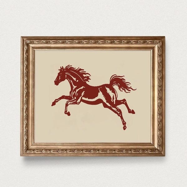 impression cheval western vintage, décoration d'intérieur rétro rouge, affiche de dortoir BCBG, salon art mural rustique, affiche esthétique brun rouille