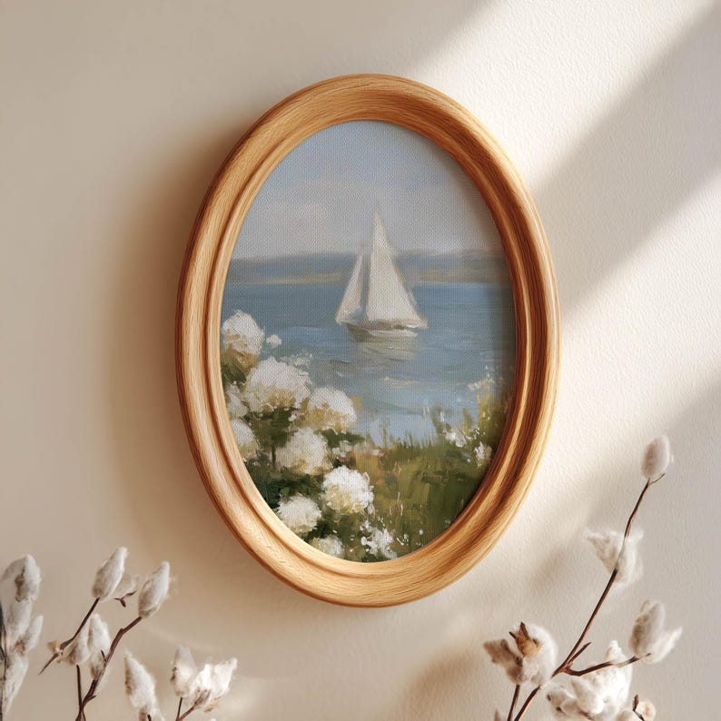 Coastal Cottagecore Sailing Print - Serene Impressionistic Poster Art with Pastel Hues, Muted Blues and Greens, Calming Coastal Decor P88 image 6
