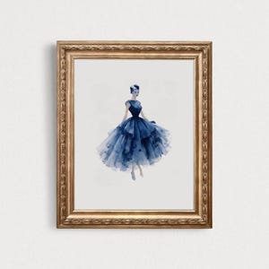 Blue Vintage Fashion Print, Coquette Poster, Retro Glamour Home Decor, Feminine Wall Art, Dress Sketch Art, Luxury Wall Art