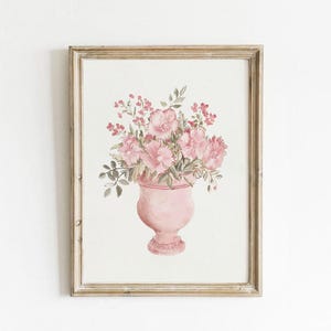 Póster vintage de flores rosas, estampado rosa claro, decoración de apartamento femenino, estética grandmillennial, póster de arte de pared, flores lindas